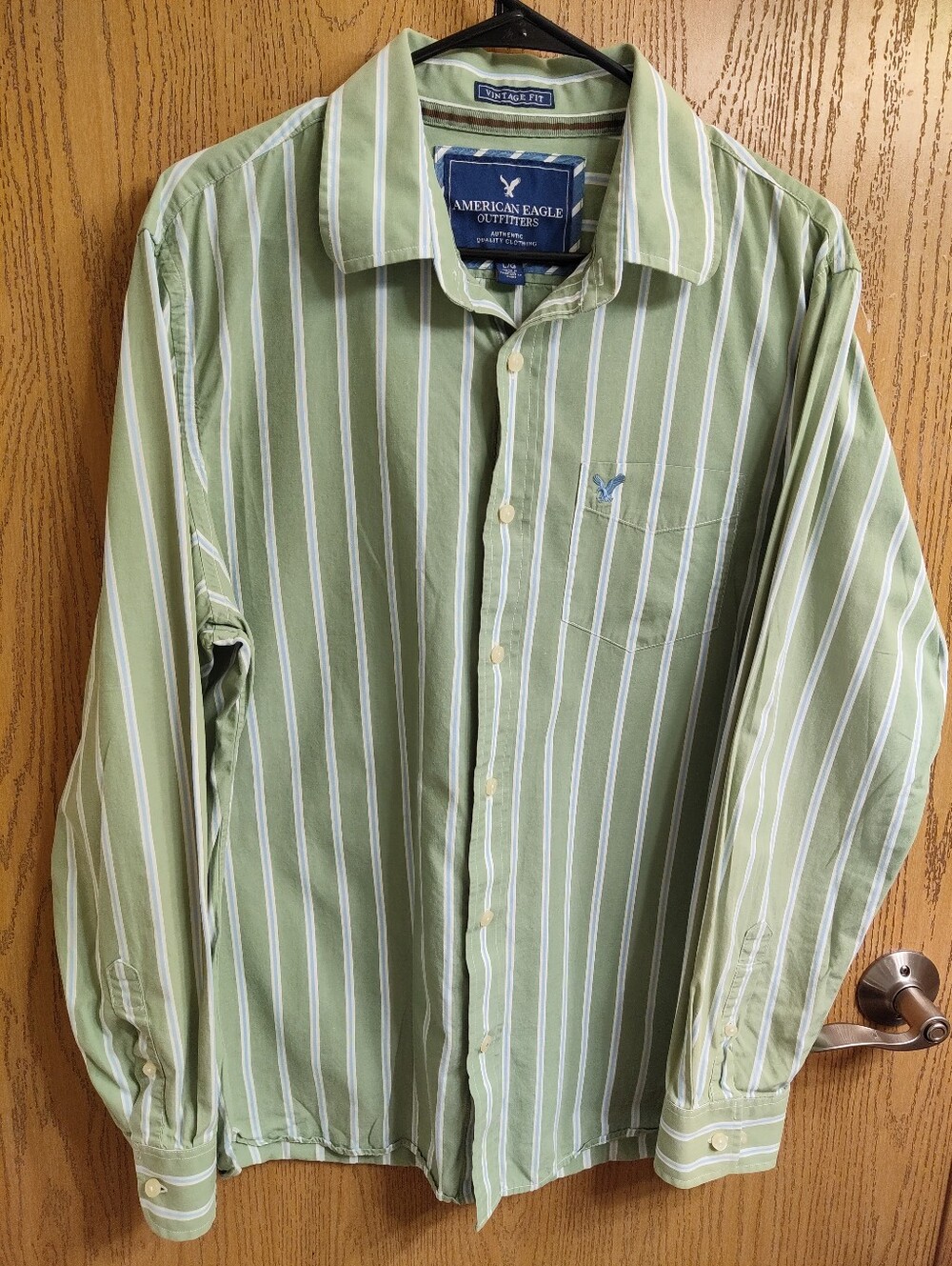 VTG-American Eagle Outfitters Light Green & White Striped Button-Down Shirt
